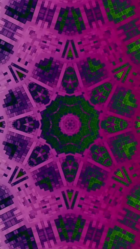 Abstract mosaic kaleidoscope loop with green and magenta pixel shapes. Stock Footage 344712733