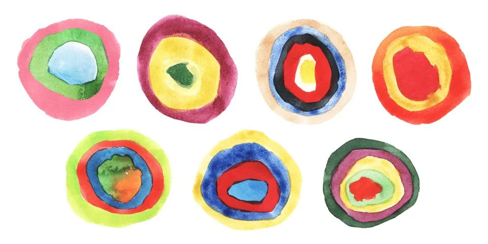 Abstract mosaic pattern circles. Kandinsky style colorful round figures. Hand Stock Illustration