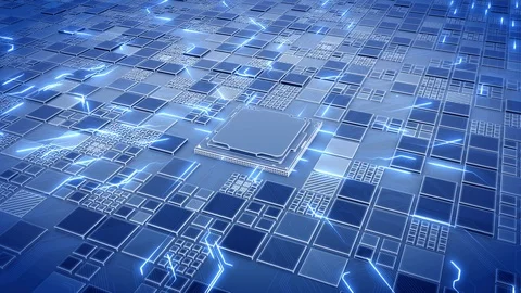 Abstract Motherboard circuit with CPU, microchips and animated electric signals Stock Footage 111024202