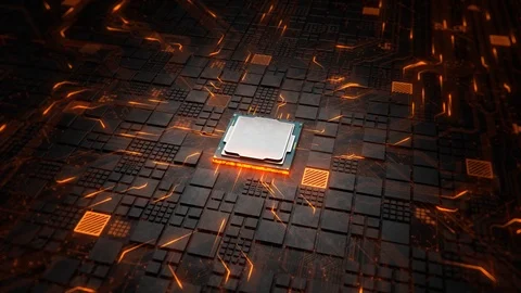 Abstract Motherboard circuit with CPU, microchips and animated electric signals Stock Footage 111050715