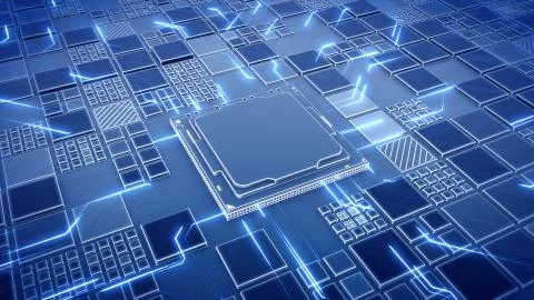 Abstract Motherboard circuit with CPU, microchips and animated electric signals Stock Illustration