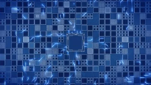 Abstract Motherboard circuit with CPU, microchips and animated electric signals 스톡 일러스트