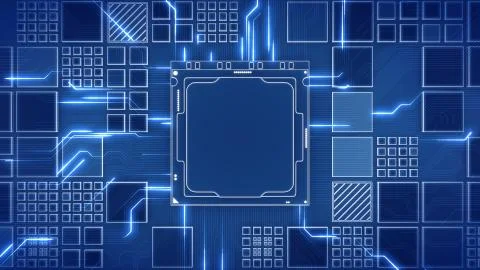 Abstract Motherboard circuit with CPU, microchips and animated electric signals 스톡 일러스트