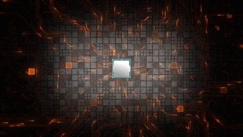 Abstract Motherboard circuit with CPU, microchips and electric signals 3d render Stock Illustration