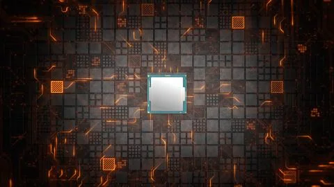 Abstract Motherboard circuit with CPU, microchips and electric signals 3d render Stock Illustration