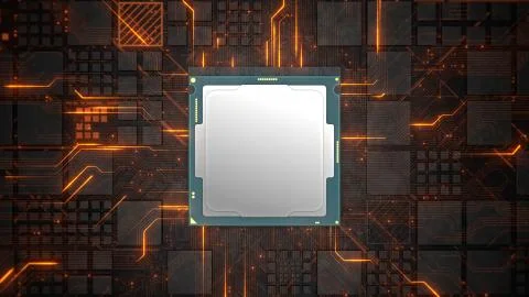 Abstract Motherboard circuit with CPU, microchips and electric signals 3d render Stock Illustration