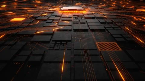 Abstract Motherboard circuit with CPU, microchips and electric signals 3d render Illustrazione stock