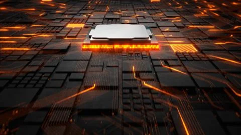 Abstract Motherboard circuit with CPU, microchips and electric signals 3d render Stock Illustration