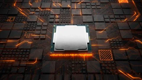 Abstract Motherboard circuit with CPU, microchips and electric signals 3d render 库存插图