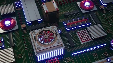 Abstract Motherboard With Luminous Elements and Fan Looped Stock Footage 194424887