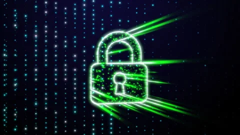 Abstract motion background with a green digital padlock icon symbolizing network Stock Footage 321431382