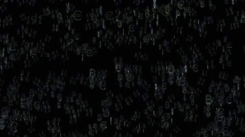 Abstract motion background of shining symbols of world currencies. Dollar, euro Stock Footage 141295074