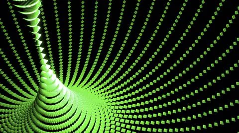 Abstract motion background of spinning spheres forming swirl, seamless loop Illustrazione stock