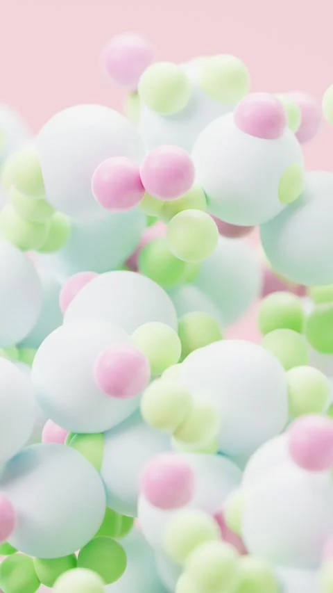 Abstract motion design with floating pastel blue pink and green spheres in .. Stockbeeldmateriaal 332148533