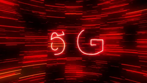 Abstract motion graphic show "5G" surrounded by speed lines on black screen. Stock Footage 148247941
