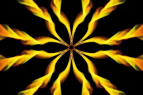 Abstract motion graphics with colored yellow spirals and fractals on a black  Foto stock