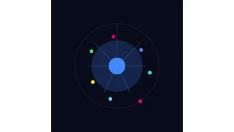Abstract motion of rotating colorful orbits and digital data nodes on dark Stock Footage 338189071