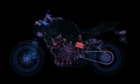Abstract motorcycle consisting of glow points and lines. 3d illustration Stock Illustration