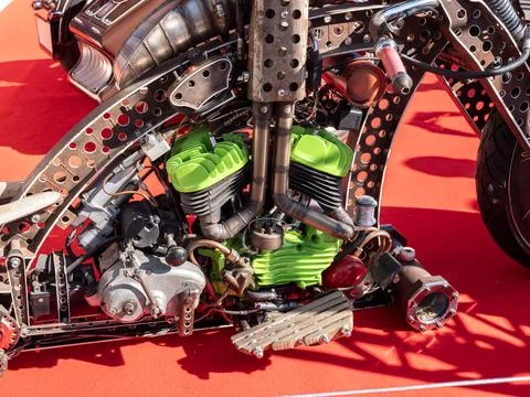 Abstract motorcycle engine close up with mechanical details 库存照片