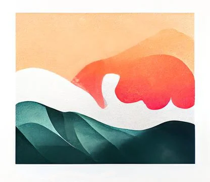 Abstract mountain and wave landscape background with watercolor texture. Stock Illustration