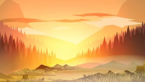 Abstract Mountain Lake  and Forest in the Morning - Vector Illustration Illustrazione stock