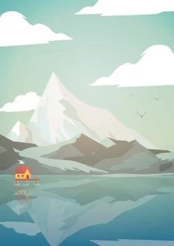 Abstract Mountain Lake with House - Vector Illustration Stock Illustration