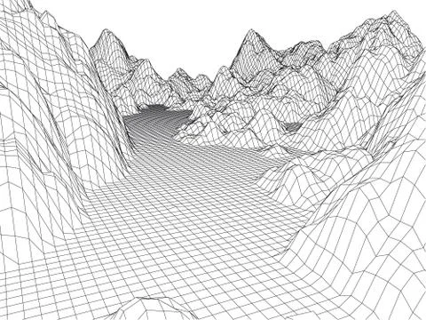 Abstract mountains range mesh background. 3D terrain grid isolated. Stock Illustration