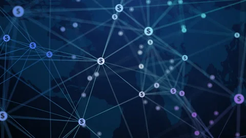 Abstract movement of dollar icons connected by lines on a dark blue world map Stock Footage 236586861