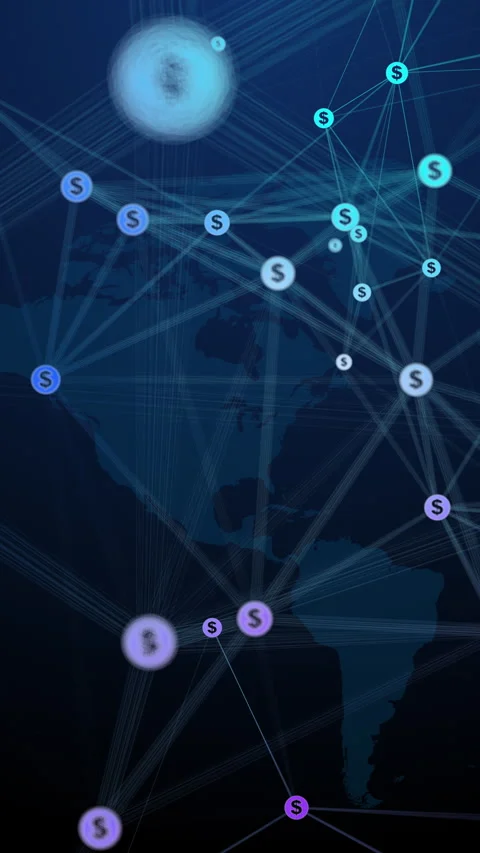 Abstract movement of dollar icons connected by lines on a dark blue world map Stock Footage 303923383