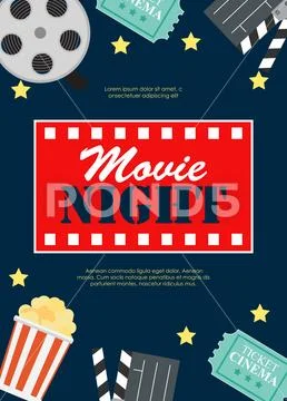 Abstract Movie Night Cinema Flat Background with Reel, Old Style Ticket, Big Pop Stock Illustration