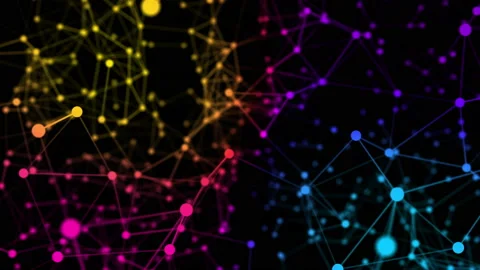 Abstract moving background. Connected colorful dots on a dark background. Stock-Footage 97940239