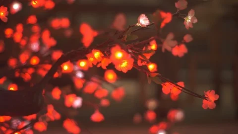 Abstract moving lights from artificial sakura tree with asian style decorations Video stock 107500704