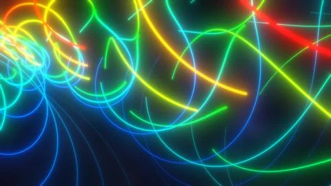 Abstract multi-colored rainbow glowing neon energy laser lines flying on a .. Illustrazione stock