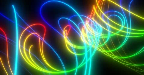 Abstract multi-colored rainbow neon energy laser lines flying on a black ba.. Stock Illustration