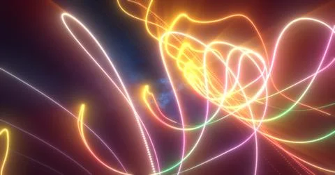 Abstract multi-colored rainbow neon energy laser lines flying on a black back Stock Illustration