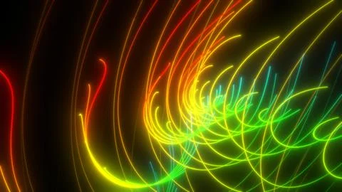 Abstract multi-colored rainbow neon energy laser lines flying on a black ba.. Illustrazione stock