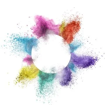 Abstract multicolor powder splatted behind a round frame exploding on white 库存照片