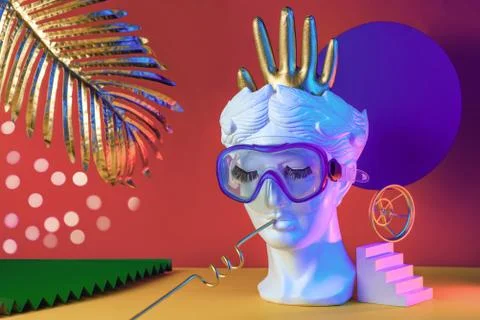 Abstract multicolored composition with head sculpture, stairs, glove, visual 写真素材