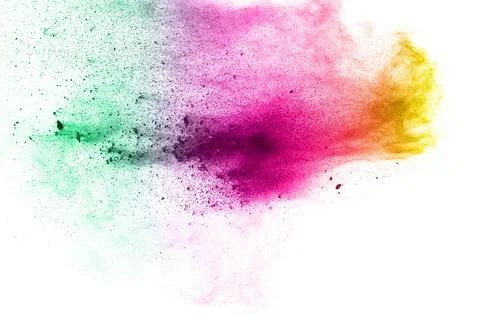 Abstract multicolored dust splatter on white background.Freeze motion of co.. Stock-Fotos