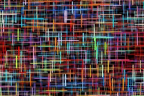 Abstract multicolored grid and checkered pattern on black background. Stock Illustration