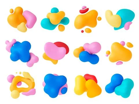 Abstract multicolored liquid 3d shapes render. Colourful 3d plasticine splash Stock Illustration