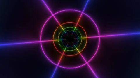 Abstract multicolored neon light tunnel background with glowing lines and Stock Illustration