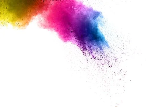 Abstract multicolored powder splatted on white background. Stock Photos