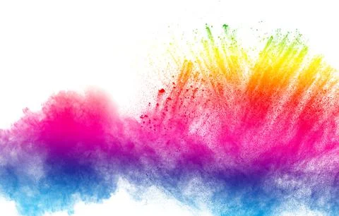 Abstract multicolored powder splatted on white background. Stock Photos