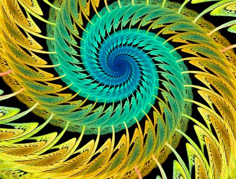Abstract multicolored psychedelic spirals on black background. Computer-gener Stock Illustration