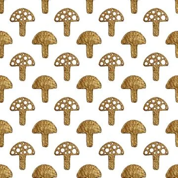 Abstract mushrooms pattern. Gold hand pained seamless background. Illustrazione stock