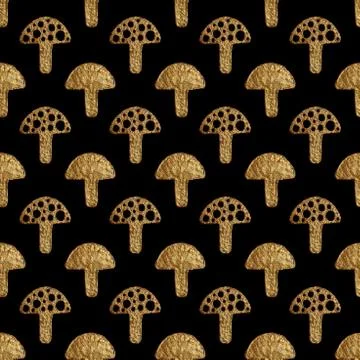 Abstract mushrooms pattern. Gold hand pained seamless background. Stock Illustration