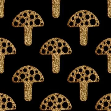 Abstract mushrooms pattern. Gold hand pained seamless background Stock Illustration