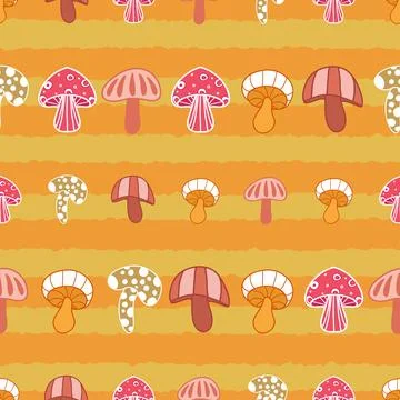 Abstract mushrooms seamless pattern on orange stripes Stock Illustration