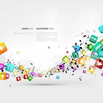 Abstract music background with notes and app icons. Stock Illustration